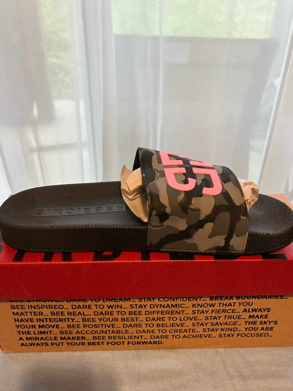 BIRDIEBEE Black Camo Slide Sandal with Pink Logo NIB